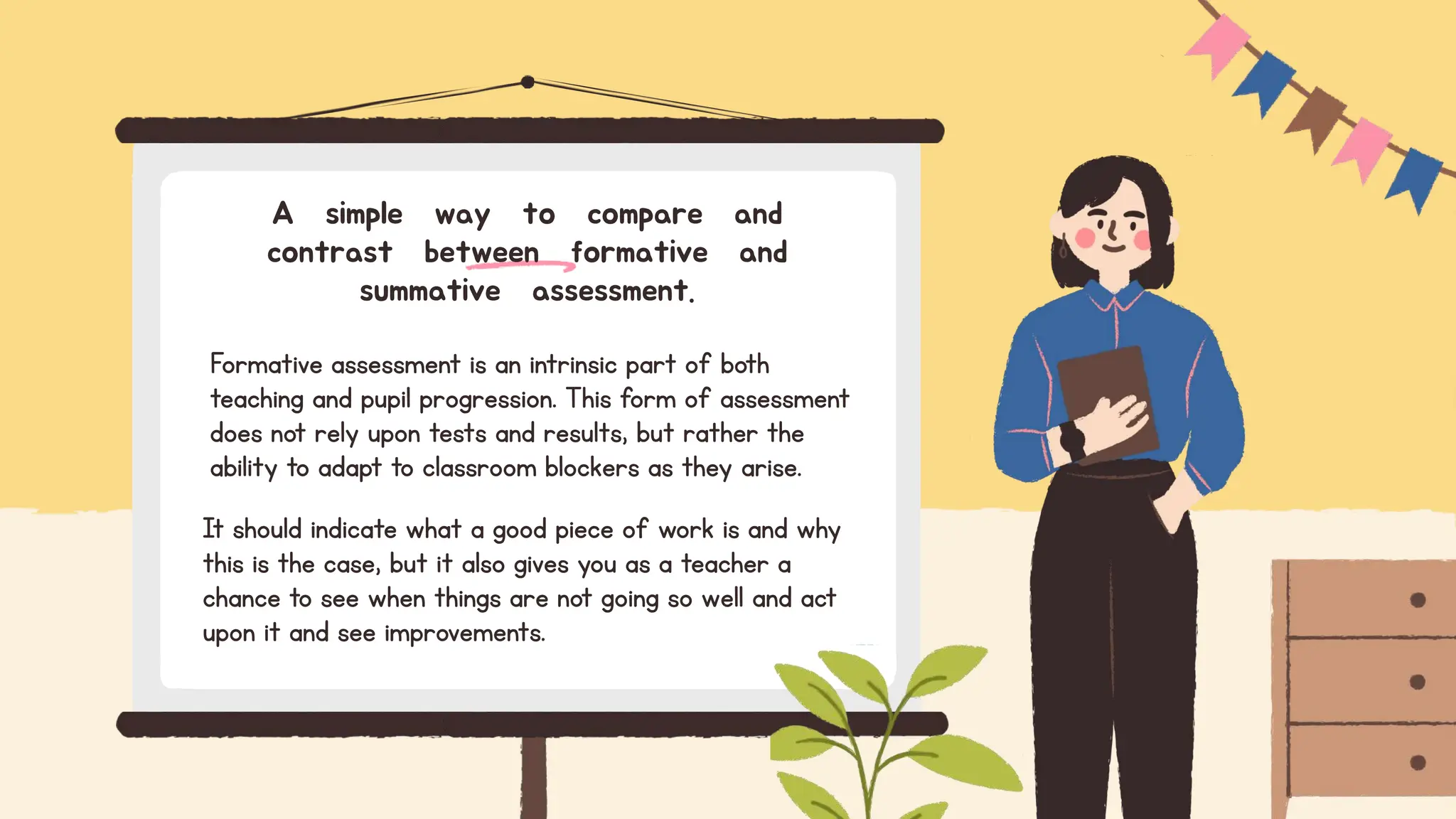 A simple way to compare and
contrast between formative and
summative assessment.
Formative assessment is an intrinsic part of both
teaching and pupil progression. This form of assessment
does not rely upon tests and results, but rather the
ability to adapt to classroom blockers as they arise.
It should indicate what a good piece of work is and why
this is the case, but it also gives you as a teacher a
chance to see when things are not going so well and act
upon it and see improvements.
 