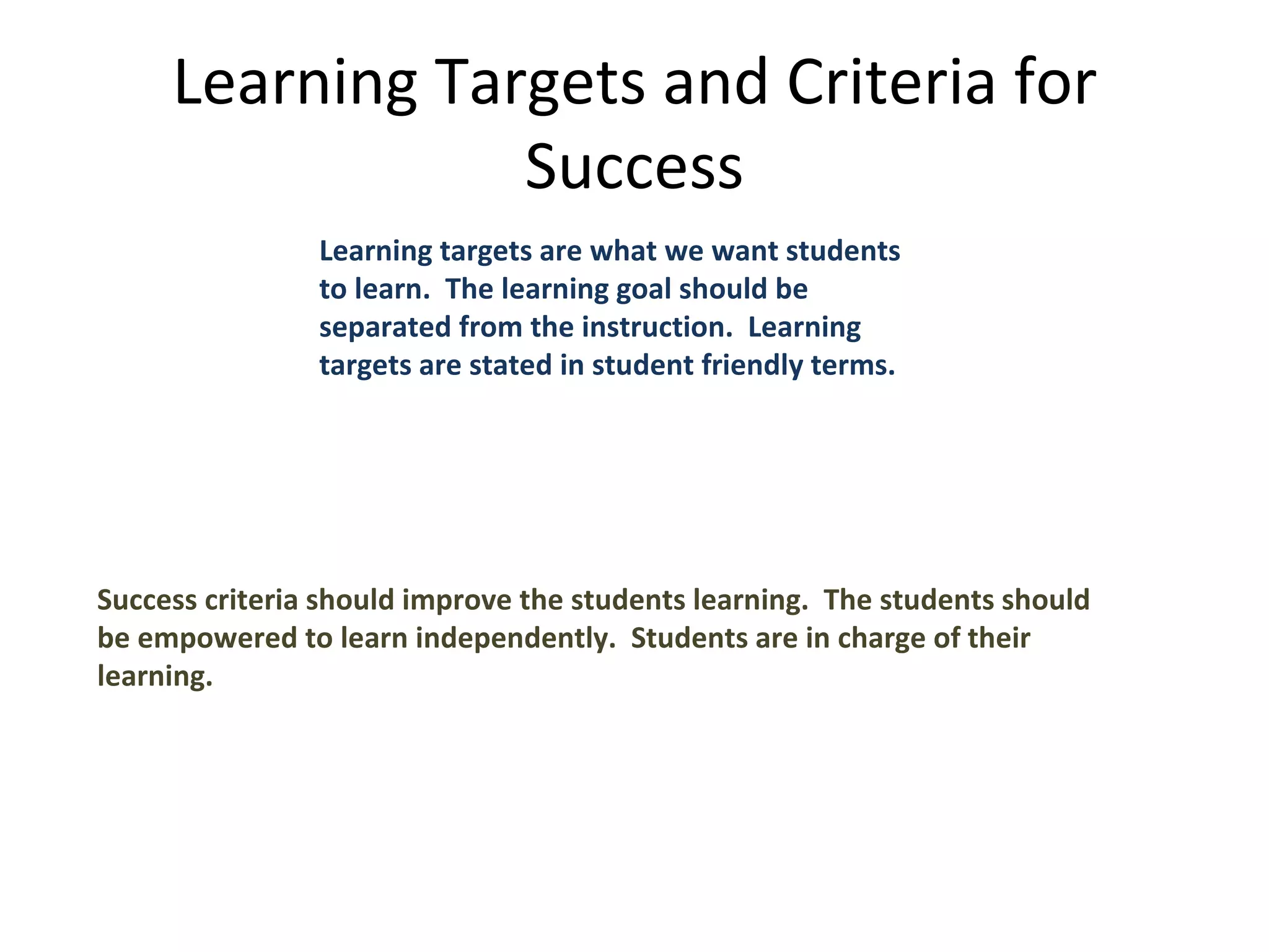 Learning Targets and Criteria for
                 Success
                Learning targets are what we want students
                to learn. The learning goal should be
                separated from the instruction. Learning
                targets are stated in student friendly terms.




Success criteria should improve the students learning. The students should
be empowered to learn independently. Students are in charge of their
learning.
 