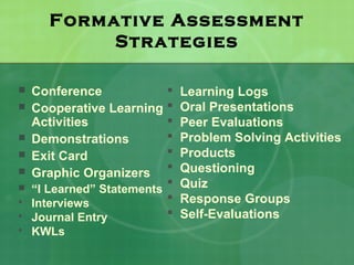 Formative Assessment
            Strategies

   Conference                Learning Logs
   Cooperative Learning      Oral Presentations
    Activities                Peer Evaluations
   Demonstrations            Problem Solving Activities
   Exit Card                 Products
   Graphic Organizers        Questioning
   “I Learned” Statements
                              Quiz
   Interviews                Response Groups
   Journal Entry             Self-Evaluations
   KWLs
 