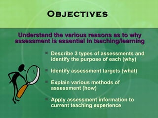 Objectives

 Understand the various reasons as to why
assessment is essential in teaching/learning
             Describe 3 types of assessments and
              identify the purpose of each (why)

             Identify assessment targets (what)

             Explain various methods of
              assessment (how)

             Apply assessment information to
              current teaching experience
 