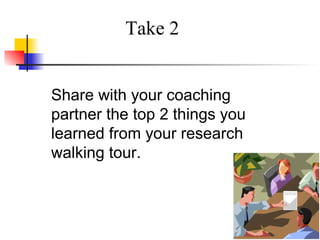 Share with your coaching
partner the top 2 things you
learned from your research
walking tour.
Take 2
 