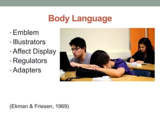 Body Language
• Emblem
• Illustrators
• Affect Display
• Regulators
• Adapters
(Ekman & Friesen, 1969)
 