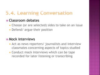  Classroom debates
 Choose (or are selected) sides to take on an issue
 Defend/ argue their position
 Mock interviews
 Act as news reporters/ journalists and interview
classmates concerning aspects of topics studied
 Conduct mock interviews which can be tape
recorded for later listening or transcribing
 