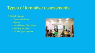 Types of formative assessments.
• Small Group
• Think-Pair-Share
• Games
• Small Group Discussion
• Building Models
• Turn to your partner
 