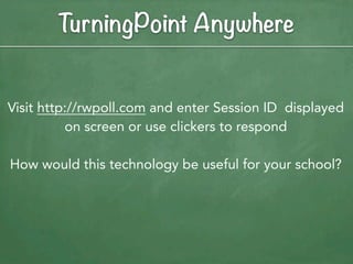TurningPoint Anywhere


Visit http://rwpoll.com and enter Session ID displayed
          on screen or use clickers to respond

How would this technology be useful for your school?
 