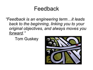 Feedback “ Feedback is an engineering term…it leads back to the beginning, linking you to your original objectives, and always moves you  forward .” Tom Guskey 
