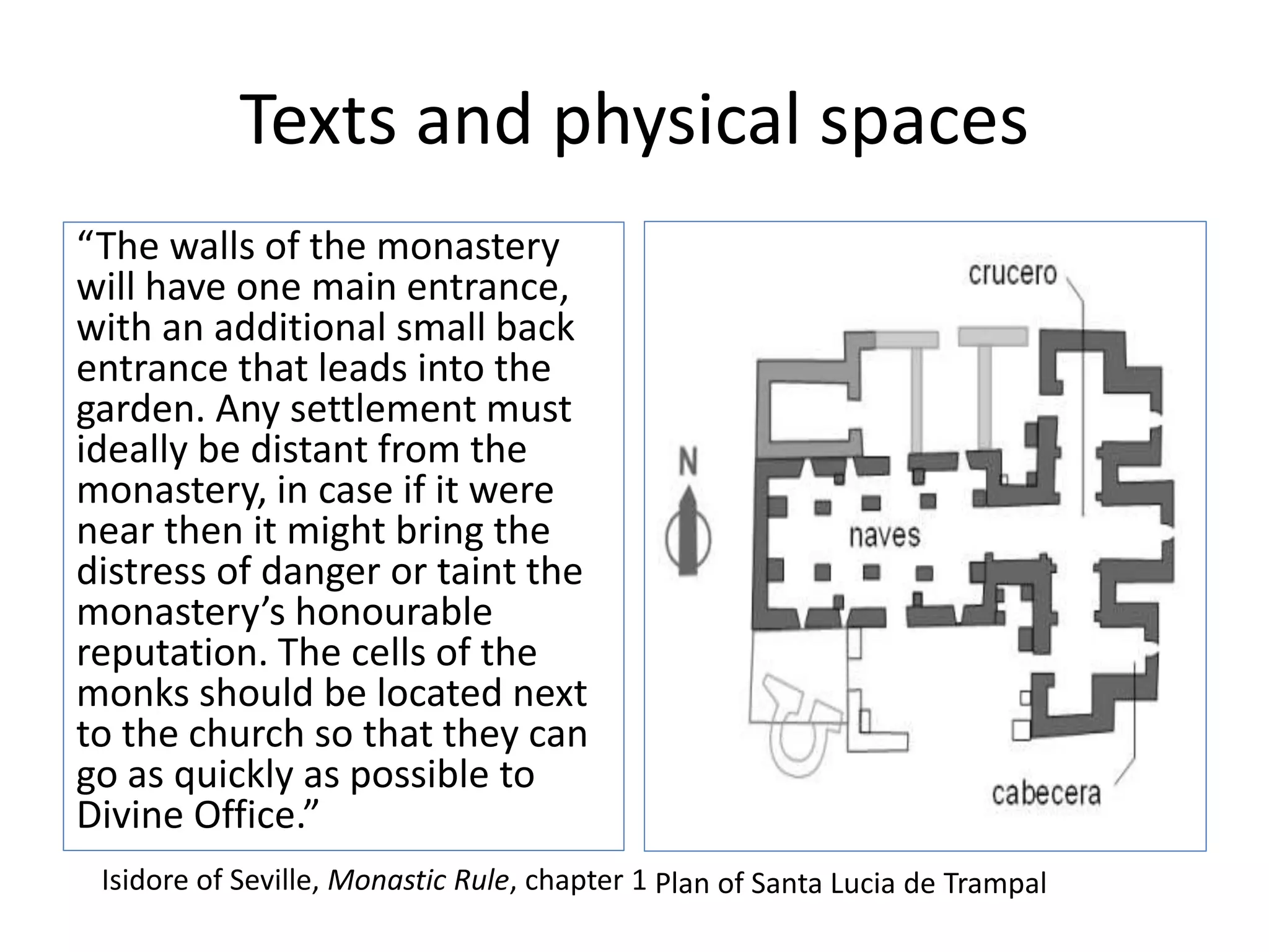 Texts and physical spaces
“The walls of the monastery
will have one main entrance,
with an additional small back
entrance that leads into the
garden. Any settlement must
ideally be distant from the
monastery, in case if it were
near then it might bring the
distress of danger or taint the
monastery’s honourable
reputation. The cells of the
monks should be located next
to the church so that they can
go as quickly as possible to
Divine Office.”
Plan of Santa Lucia de TrampalIsidore of Seville, Monastic Rule, chapter 1