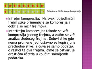  Infrejm kompresija: Na svaki pojedinačni
frejm slike primenjuje se kompresija i
dobija se niz I frejmova.
 Interfrejm kompresija: takođe se vrši
kompresija jednog frejma, a zatim se vrši
analiza sledećeg frejma. Delovi slike gde
nema promene jednostavno se kopiraju iz
prethodne slike, a čuva se samo podatak
o razlici ta dva frejma, čime se ostvaruje
drastična ušteda u količini snimljenih
podataka.
Intraframe i interframe kompresija
 