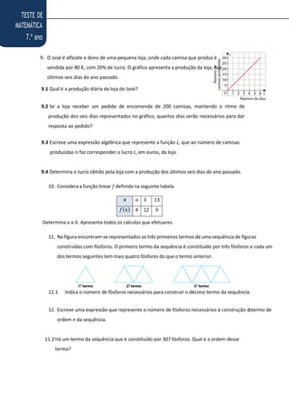 TESTE DE
MATEMÁTICA
7.º ano
9. O José é alfaiate e dono de uma pequena loja, onde cada camisa que produz é
vendida por 80 €, com 20% de lucro. O gráfico apresenta a produção da loja, nos
últimos seis dias do ano passado.
9.1 Qual é a produção diária da loja do José?
9.2 Se a loja receber um pedido de encomenda de 200 camisas, mantendo o ritmo de
produção dos seis dias representados no gráfico, quantos dias serão necessários para dar
resposta ao pedido?
9.3 Escreve uma expressão algébrica que represente a função L, que ao número de camisas
produzidas 𝑛 faz corresponder o lucro L, em euros, da loja.
9.4 Determina o lucro obtido pela loja com a produção dos últimos seis dias do ano passado.
10. Considera a função linear 𝑓 definida na seguinte tabela.
𝗑 𝑎 3 13
𝑓(𝗑) 4 12 𝑏
Determina 𝑎 e 𝑏. Apresenta todos os cálculos que efetuares.
11. Na figura encontram-se representados os três primeiros termos de uma sequência de figuras
construídas com fósforos. O primeiro termo da sequência é constituído por três fósforos e cada um
dos termos seguintes tem mais quatro fósforos do que o termo anterior.
11.1 Indica o número de fósforos necessários para construir o décimo termo da sequência.
12. Escreve uma expressão que represente o número de fósforos necessários à construção d
otermo de
ordem n da sequência.
11.2Há um termo da sequência que é constituído por 307 fósforos. Qual é a ordem desse
termo?
 