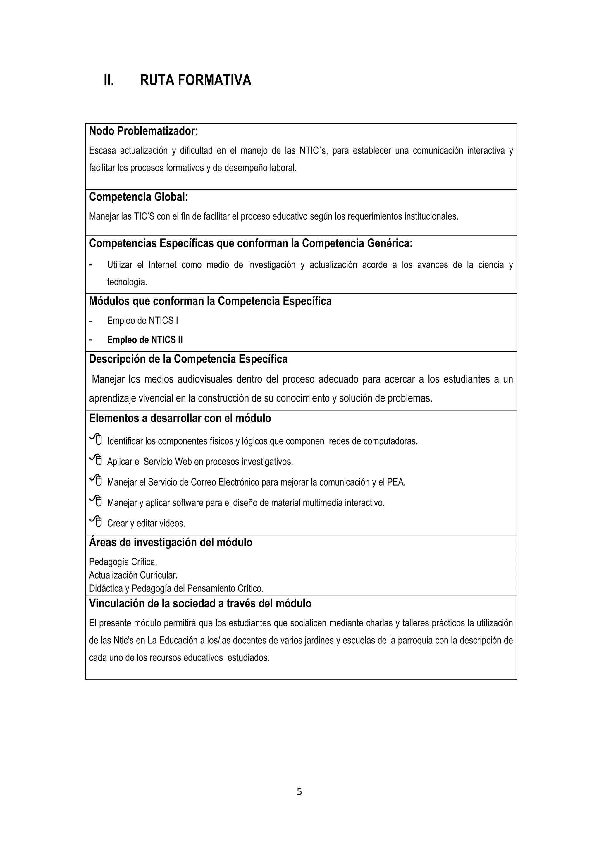 II.       RUTA FORMATIVA


Nodo Problematizador:
Escasa actualización y dificultad en el manejo de las NTIC´s, para establecer una comunicación interactiva y
facilitar los procesos formativos y de desempeño laboral.

Competencia Global:
Manejar las TIC’S con el fin de facilitar el proceso educativo según los requerimientos institucionales.

Competencias Específicas que conforman la Competencia Genérica:
-      Utilizar el Internet como medio de investigación y actualización acorde a los avances de la ciencia y
       tecnología.
Módulos que conforman la Competencia Específica
-      Empleo de NTICS I
-      Empleo de NTICS II
Descripción de la Competencia Específica
    Manejar los medios audiovisuales dentro del proceso adecuado para acercar a los estudiantes a un
aprendizaje vivencial en la construcción de su conocimiento y solución de problemas.
Elementos a desarrollar con el módulo
      Identificar los componentes físicos y lógicos que componen redes de computadoras.

      Aplicar el Servicio Web en procesos investigativos.

      Manejar el Servicio de Correo Electrónico para mejorar la comunicación y el PEA.

      Manejar y aplicar software para el diseño de material multimedia interactivo.

      Crear y editar videos.
Áreas de investigación del módulo
Pedagogía Crítica.
Actualización Curricular.
Didáctica y Pedagogía del Pensamiento Crítico.
Vinculación de la sociedad a través del módulo
El presente módulo permitirá que los estudiantes que socialicen mediante charlas y talleres prácticos la utilización
de las Ntic’s en La Educación a los/las docentes de varios jardines y escuelas de la parroquia con la descripción de
cada uno de los recursos educativos estudiados.




                                                             5
 