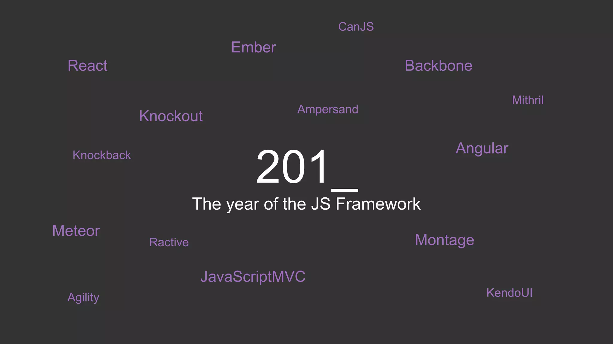 CanJS 
201_ 
The year of the JS Framework 
React 
Ember 
Backbone 
Knockout 
Angular 
Meteor 
Ractive Montage 
JavaScriptMVC 
Knockback 
Ampersand 
Agility 
Mithril 
KendoUI 
 