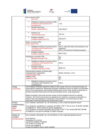 Gaz na terenie (T/N)
Gas (Y/N)
Nie
No
 Odległość przyłącza od granicy działki
Connection point (distance from
boundary) m
1 km
 Wartość kaloryczna
Calorific value MJ/Nm
3
≥39,5 MJ/m
3
 Średnica rury
Pipe diameter mm 100 mm
 Dostępna objętość
Available capacity Nm
3
/h 300 Nm
3
/h
Woda na terenie (T/N)
Water supply (Y/N)
Nie
No
 Odległość przyłącza od granicy terenu
Connection point (distance from
boundary) m
400 m, woda dla celów przemysłowych oraz
socjalnych
400 m, for social and industrial purposes
 Dostępna objętość
Available capacity m
3
/24h 880 m
3
/24 h
Kanalizacja na terenie (T/N)
Sewage discharge (Y/N)
Nie
No
 Odległość przyłącza od granicy terenu
Connection point (distance from
boundary) m
400 m
 Dostępna objętość
Available capacity m
3
/24h Ø200 mm
Oczyszczalnia ścieków na terenie bądź
w bezpośrednim sąsiedztwie
Treatment plant (Y/N)
Nie/No, Rusinów – 8 km
Telefony (T/N)
Telephone (Y/N)
Nie
No
 Odległość przyłącza od granicy terenu
Connection point (distance from
boundary) m
700 m
Uwagi
Comments
Gmina Majdan Królewski zapewnia dostęp do darmowego Internetu szerokopasmowego dla
potencjalnych inwestorów. Gwarantuje przyszłym inwestorom pomoc w nabyciu lub dzierżawie
terenu oraz przygotowaniu dokumentacji lokalizacyjnej. Gmina może również uczestniczyć w
kosztach poprawy infrastruktury technicznej (uzbrojenie terenu, drogi dojazdowe).
Majdan Krolewski Community ensures access to free broadband Internet for potential
investors. The Community ensures an assistance for investors in a process of acquisition or
lease of sites and preparation of localisation documentation. The Community can also
participate in technical infrastructure improvement costs.
Osoba
przygotowująca
ofertę
Offer
prepared by
Imię, nazwisko, stanowisko, tel., tel. komórkowy, e-mail, znajomość języków obcych
Anna Szalacha, specjalista ds. inwestycji, tel. 0048 17 857 71 00, tel. kom. 00 48 603 189 869,
anna@odt.pl, b. dobra znajomość języka angielskiego.
Anna Szalacha, investment specialist, phone 0048 17 857 71 00, mobile 0048 603 189 869,
anna@odt.pl, very good knowledge of English language
Osoby do
kontaktu
Contact person
Imię, nazwisko, stanowisko, tel., tel. komórkowy, e-mail, znajomość języków obcych
Anna Rozmus
Specjalista ds. promocji
Urząd Gminy Majdan Królewski
Tel: 15 847 10 74 wew. 69
e-mail: eremus@wp.pl
Znajomość języków obcych: język angielski
 