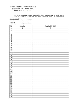 DIREKTORAT KEPOLISIAN PERAIRAN
SATUAN PATROLI NUSANTARA
KAPAL POLISI ......-......
DAFTAR PESERTA SOSIALISASI PERATURAN PERUNDANG-UNDANGAN
Hari/Tanggal : ......, ...............
Tempat : ......, ...............
NO NAMA TANDA TANGAN
1 2 3
1
2
3
4
5
6
7
8
9
10
11
12
13
14
15
16
17
18
19
20
21
22
23
24
25
26
27
28
29
30
31
32
33
34
35
 