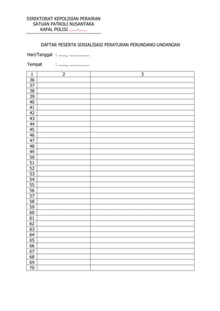 DIREKTORAT KEPOLISIAN PERAIRAN
SATUAN PATROLI NUSANTARA
KAPAL POLISI ......-......
DAFTAR PESERTA SOSIALISASI PERATURAN PERUNDANG-UNDANGAN
Hari/Tanggal : ......, ...............
Tempat : ......, ...............
1 2 3
36
37
38
39
40
41
42
43
44
45
46
47
48
49
50
51
52
53
54
55
56
57
58
59
60
61
62
63
64
65
66
67
68
69
70
 