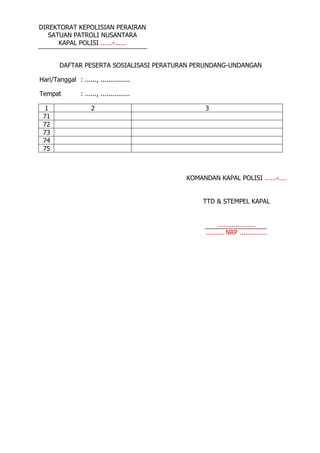DIREKTORAT KEPOLISIAN PERAIRAN
SATUAN PATROLI NUSANTARA
KAPAL POLISI ......-......
DAFTAR PESERTA SOSIALISASI PERATURAN PERUNDANG-UNDANGAN
Hari/Tanggal : ......, ...............
Tempat : ......, ...............
1 2 3
71
72
73
74
75
KOMANDAN KAPAL POLISI ......-....
TTD & STEMPEL KAPAL
...................
......... NRP ..............
 