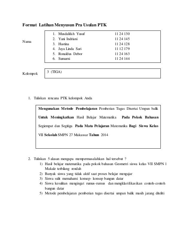 Format Latihan Menyusun Pra Usulan Ptk Lengkap