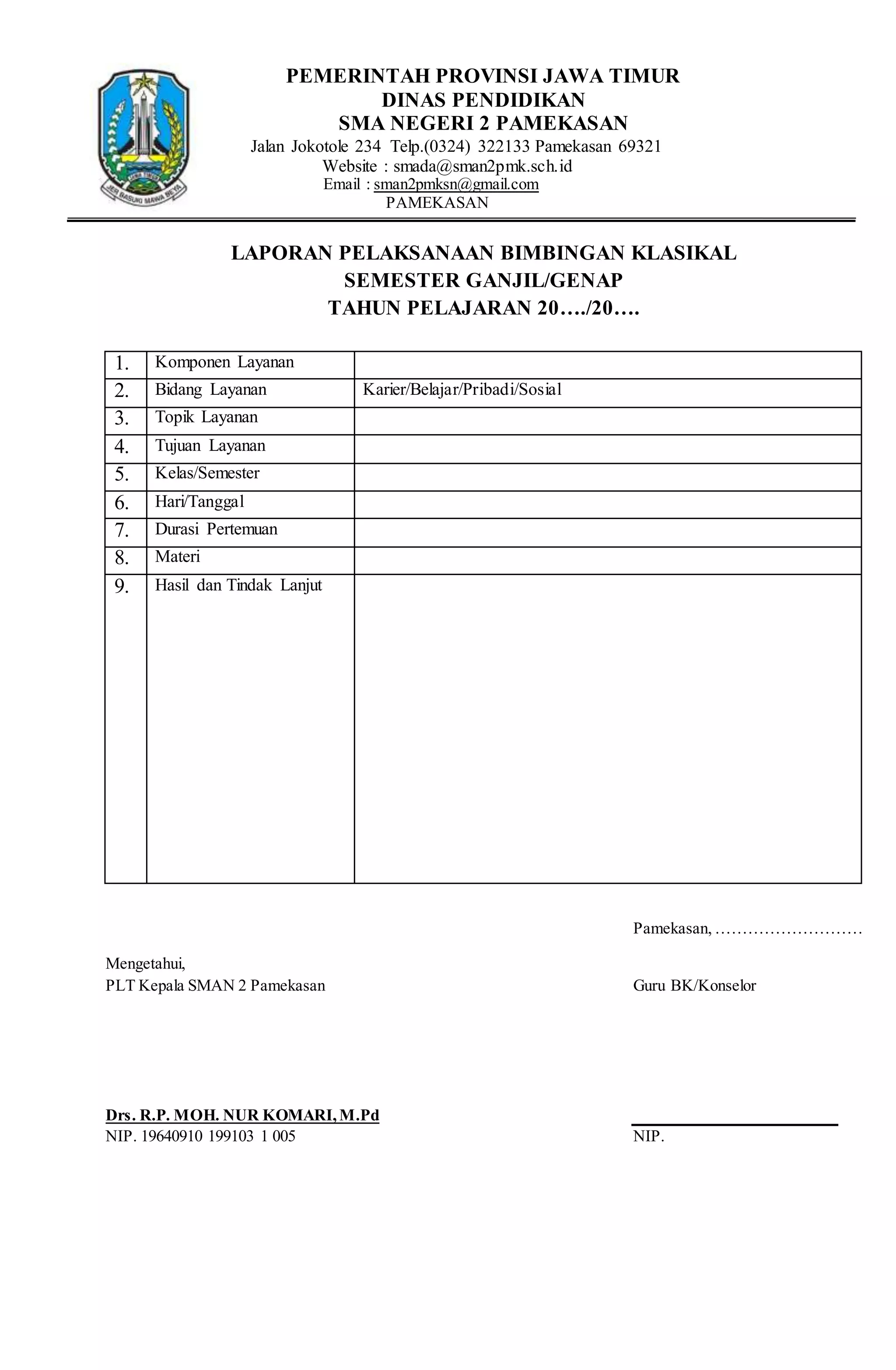 contoh laporan bimbingan klasikal | DOCX