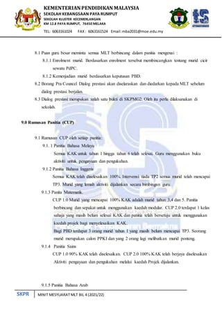 SKPR
KEMENTERIAN PENDIDIKAN MALAYSIA
SEKOLAH KEBANGSAAN PAYA RUMPUT
SEKOLAH KLUSTER KECEMERLANGAN
KM 12.8 PAYA RUMPUT, 76450 MELAKA
TEL: 6063161024 FAX: 6063161524 Email:mba2031@moe.edu.my
MINIT MESYUARAT MLT BIL 4 (2021/22)
8.1 Puan guru besar meminta semua MLT berbincang dalam panitia mengenai :
8.1.1 Enrolment murid. Berdasarkan enrolment tersebut membincangkan tentang murid cicir
sewatu PdPC.
8.1.2 Kemenjadian murid berdasarkan keputusan PBD.
8.2 Borang Pra Councel Dialog prestasi akan diselaraskan dan diedarkan kepada MLT sebelum
dialog prestasi berjalan.
8.3 Dialog prestasi merupakan salah satu bukti di SKPMG2. Oleh itu perlu dilaksanakan di
sekolah.
9.0 Rumusan Panitia (CUP)
9.1 Rumusan CUP oleh setiap panitia:
9.1. 1 Panitia Bahasa Melayu
Semua KAK untuk tahun 1 hingga tahun 6 telah selesai. Guru menggunakan buku
aktiviti untuk pengayaan dan pengukuhan.
9.1.2 Panitia Bahasa Inggeris
Semua KAK telah diselesaikan 100%. Intervensi tiada TP2 semua murid telah mencapai
TP3. Murid yang lemah aktiviti dijalankan secara bimbingan guru.
9.1.3 Panita Matematik.
CUP 1.0 Murid yang mencapai 100% KAK adalah murid tahun 3,4 dan 5. Panitia
berbincang dan sepakat untuk menggunakan kaedah modular. CUP 2.0 terdapat 1 kelas
sahaja yang masih belum selesai KAK dan panitia telah bersetuju untuk menggunakan
kaedah projek bagi menyelesaikan KAK.
Bagi PBD terdapat 3 orang murid tahun 1 yang masih belum mencapai TP3. Seorang
murid merupakan calon PPKI dan yang 2 orang lagi melibatkan murid ponteng.
9.1.4 Panitia Sains
CUP 1.0 90% KAK telah diselesaikan. CUP 2.0 100% KAK telah berjaya diselesaikan
Aktiviti pengayaan dan pengukuhan melalui kaedah Projek dijalankan.
9.1.5 Panitia Bahasa Arab
 
