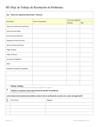 8D :Hoja de Trabajo de Resolución de Problemas
Page 6 of 7 http://TheQualityPortal.com
7B Revise los siguientes documentos / sistemas
Documentos Quién es responsable
Fecha de completación
Planeado Real
Manual de Administración del Sistema
Instrucciones de trabajo
Instrucciones de Inspección
Diagramas de Flujo de Proceso
Planes de Control de Proceso
FMEA de Diseño
FMEA de Proceso
Instrumentos de Medición
PPAP
Aprobación de Cambios de Ingeniería
8
Felicitar al Equipo
Use todos los formularios de reconocimiento de empleados que apliquen
Celebre la conclusión exitosa del esfuerzo de solución de problemas
Formalmente termine el equipo de trabajo
¿Fue el ejercicio de solución del problema exitoso? ¿Se ha verificado de acuerdo con un plan de seguimiento?
Sí
No
Firma /Fecha Hallazgos
 
