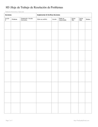 8D :Hoja de Trabajo de Resolución de Problemas
Page 7 of 7 http://TheQualityPortal.com
Tabla de Acciones a Ejecutar
Acciones Implementar & Verificar Acciones
Acción
#
Problema
Contención / Acción
Correctiva
Cómo se verificó Acción
Quién es
responsable
Fecha
Plan
Fecha
Real
Estatus
 
