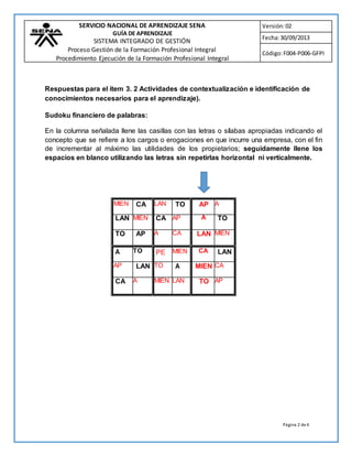 Página 2 de4
SERVICIO NACIONAL DE APRENDIZAJE SENA
GUÍA DE APRENDIZAJE
SISTEMA INTEGRADO DE GESTIÓN
Proceso Gestión de la Formación Profesional Integral
Procedimiento Ejecución de la Formación Profesional Integral
Versión:02
Fecha:30/09/2013
Código:F004-P006-GFPI
Respuestas para el ítem 3. 2 Actividades de contextualización e identificación de
conocimientos necesarios para el aprendizaje).
Sudoku financiero de palabras:
En la columna señalada llene las casillas con las letras o sílabas apropiadas indicando el
concepto que se refiere a los cargos o erogaciones en que incurre una empresa, con el fin
de incrementar al máximo las utilidades de los propietarios; seguidamente llene los
espacios en blanco utilizando las letras sin repetirlas horizontal ni verticalmente.
MIEN CA LAN TO AP A
LAN MIEN CA AP A TO
TO AP A CA LAN MIEN
A TO PE MIEN CA LAN
AP LAN TO A MIEN CA
CA A MIEN LAN TO AP
 