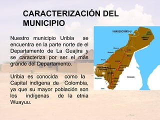 CARACTERIZACIÓN DEL MUNICIPIO Nuestro municipio Uribia  se encuentra en la parte norte de el Departamento de La Guajira y se caracteriza por ser el más grande del Departamento. Uribia es conocida  como la  Capital indígena de  Colombia, ya que su mayor población son los  indígenas  de la etnia Wuayuu. 