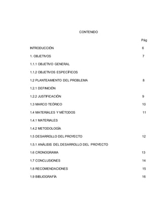 CONTENIDO
Pág
INTRODUCCIÓN 6
1. OBJETIVOS 7
1.1.1 OBJETIVO GENERAL
1.1.2 OBJETIVOS ESPECÍFICOS
1.2 PLANTEAMIENTO DEL PROBLEMA 8
1.2.1 DEFINICIÓN
1.2.2 JUSTIFICACIÓN 9
1.3 MARCO TEÓRICO 10
1.4 MATERIALES Y MÉTODOS 11
1.4.1 MATERIALES
1.4.2 METODOLOGÍA
1.5 DESARROLLO DEL PROYECTO 12
1.5.1 ANÁLISIS DEL DESARROLLO DEL PROYECTO
1.6 CRONOGRAMA 13
1.7 CONCLUSIONES 14
1.8 RECOMENDACIONES 15
1.9 BIBLIOGRAFÍA 16
 