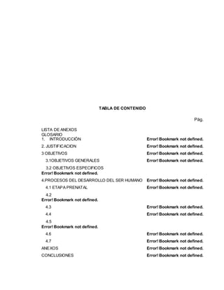 TABLA DE CONTENIDO
Pág.
LISTA DE ANEXOS
GLOSARIO
1. INTRODUCCIÓN Error! Bookmark not defined.
2. JUSTIFICACION Error! Bookmark not defined.
3 OBJETIVOS Error! Bookmark not defined.
3.1OBJETIVOS GENERALES Error! Bookmark not defined.
3.2 OBJETIVOS ESPECIFICOS
Error! Bookmark not defined.
4.PROCESOS DEL DESARROLLO DEL SER HUMANO Error! Bookmark not defined.
4.1 ETAPA PRENATAL Error! Bookmark not defined.
4.2
Error! Bookmark not defined.
4.3 Error! Bookmark not defined.
4.4 Error! Bookmark not defined.
4.5
Error! Bookmark not defined.
4.6 Error! Bookmark not defined.
4.7 Error! Bookmark not defined.
ANEXOS Error! Bookmark not defined.
CONCLUSIONES Error! Bookmark not defined.
 