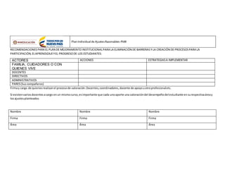 PlanIndividual de AjustesRazonables-PIAR
RECOMENDACIONESPARA EL PLAN DE MEJORAMIENTO INSTITUCIONALPARA LA ELIMINACIÓN DE BARRERASY LA CREACIÓN DE PROCESOSPARA LA
PARTICIPACIÓN, ELAPRENDIZAJEYEL PROGRESODE LOS ESTUDIANTES:
ACTORES ACCIONES ESTRATEGIASA IMPLEMENTAR
FAMILIA, CUIDADORES O CON
QUIENES VIVE
DOCENTES
DIRECTIVOS
ADMINISTRATIVOS
PARES(Suscompañeros)
Firmay cargo de quienesrealizanel procesode valoración:Docentes,coordinadores,docente de apoyouotroprofesionaletc.
Si existenvariosdocentesacargo enun mismocurso,esimportante que cada unoaporte una valoracióndel desempeñodel estudiante ensurespectivaáreay
losajustesplanteados
Nombre Nombre Nombre
Firma Firma Firma
Área Área Área
 