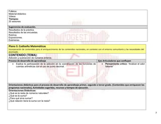 7
Folletos
Material didáctico
Videos
Tiempos:
20 sesiones
Sugerencias de evaluación.
Resultados de la práctica.
Resultados de las encuestas.
Rubrica.
Exposiciones.
Exámenes
Plano 3. Codiseño Matemáticas
Incorporación de contenidos para el enriquecimiento de los contenidos nacionales, en contexto con el entorno comunitario y las necesidades del
alumnado.
CONTENIDO (TEMA):
Adicción y sustracción de números enteros.
Proceso de desarrollo de aprendizaje Ejes Articuladores que confluyen
 Explica la participación de la adicción en la coordinación de las funciones de
cuentas aritméticas con el uso de punto decimal.
 Pensamiento crítico: “Analizar el valor
faltante”
Orientaciones didácticas para el proceso de desarrollo de aprendizaje primer, segundo o tercer grado. (Contenidos que enriquecen los
programas nacionales), Actividades sugeridas, recursos y tiempos de ejecución.
Orientaciones Didácticas:
¿Qué es la resta de números naturales?
¿Qué es la suma?
¿Para qué sirve sumar?
¿Qué relación tiene la suma con la resta?
 