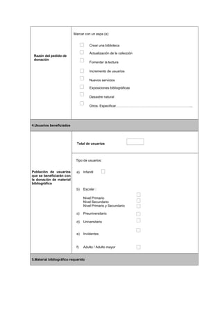 Razón del pedido de
donación
Marcar con un aspa (x):
Crear una biblioteca
Actualización de la colección
Fomentar la lectura
Incremento de usuarios
Nuevos servicios
Exposiciones bibliográficas
Desastre natural
Otros. Especificar…………………………………………………………...
4.Usuarios beneficiados
Población de usuarios
que se beneficiarán con
la donación de material
bibliográfico
Total de usuarios
Tipo de usuarios:
a) Infantil
b) Escolar :
Nivel Primario
Nivel Secundario
Nivel Primario y Secundario
c) Preuniversitario
d) Universitario
e) Invidentes
f) Adulto / Adulto mayor
5.Material bibliográfico requerido
 