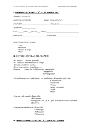 DOCUMENTO INDIVIDUAL DE ADAPTACIÓN CURRICULAR INFORMATIZADO Martínez Alcolea, A. y Calvo Rodríguez, Ángel R.
2
I.-DATOS DE IDENTIFICACIÓN Y ELABORACIÓN.
NOMBRE Y APELLIDOS:____________________________________________________________
FECHA DE NACIMIENTO:________________FECHA DE REALIZACION:______________________
DOMICILIO:__________________________________ LOCALIDAD:_________________________
TELEFONO:__________________
CICLO:______NIVEL:____GRUPO:___CENTRO:_________________________________________
DIRECCION:_______________________________POBLACION:____________________________
PROFESIONALES IMPLICADOS:
-Tutor.
-Orientador.
-Profesor de apoyo.
-Otros:
II.-HISTORIA ESCOLAR DEL ALUMNO
-Ha repetido curso de primaria.
-Ha cambiado frecuentemente de colegio.
-Presenta absentismo escolar.
-Otras observaciones (expulsiones...).
-Durante cursos, ha recibido apoyo: -pedagógico.
-logopédico.
-fisioterapeútico.
-Su rendimiento está condicionado por insuficiente: -Capacidad intelectual.
-Comunicación.
-Motricidad.
-Visión.
-Ajuste emocional.
-Salud
-Otros:
-Apoyos en la escuela: -Logopedia.
-Fisioterapia.
-Pedagógicos (P.T. , P.A.I. para deficientes visuales, refuerzo
educativo).
-Apoyos extraescolares de: -Logopedia.
-Fisioterapia.
-Pedagógico.
-Psicoterapia.
III.-DATOS IMPORTANTES PARA LA TOMA DE DECISIONES.
 