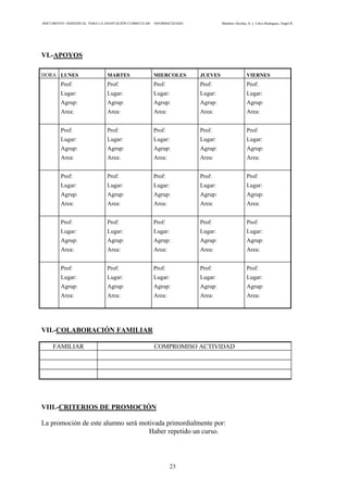 DOCUMENTO INDIVIDUAL PARA LA ADAPTACIÓN CURRICULAR INFORMATIZADO Martínez Alcolea, A. y Calvo Rodríguez, Ángel R.
23
VI.-APOYOS
HORA LUNES MARTES MIERCOLES JUEVES VIERNES
Prof:
Lugar:
Agrup:
Area:
Prof:
Lugar:
Agrup:
Area:
Prof:
Lugar:
Agrup:
Area:
Prof:
Lugar:
Agrup:
Area:
Prof:
Lugar:
Agrup:
Area:
Prof:
Lugar:
Agrup:
Area:
Prof:
Lugar:
Agrup:
Area:
Prof:
Lugar:
Agrup:
Area:
Prof:
Lugar:
Agrup:
Area:
Prof:
Lugar:
Agrup:
Area:
Prof:
Lugar:
Agrup:
Area:
Prof:
Lugar:
Agrup:
Area:
Prof:
Lugar:
Agrup:
Area:
Prof:
Lugar:
Agrup:
Area:
Prof:
Lugar:
Agrup:
Area:
Prof:
Lugar:
Agrup:
Area:
Prof:
Lugar:
Agrup:
Area:
Prof:
Lugar:
Agrup:
Area:
Prof:
Lugar:
Agrup:
Area:
Prof:
Lugar:
Agrup:
Area:
Prof:
Lugar:
Agrup:
Area:
Prof:
Lugar:
Agrup:
Area:
Prof:
Lugar:
Agrup:
Area:
Prof:
Lugar:
Agrup:
Area:
Prof:
Lugar:
Agrup:
Area:
VII.-COLABORACIÓN FAMILIAR
FAMILIAR COMPROMISO ACTIVIDAD
VIII.-CRITERIOS DE PROMOCIÓN
La promoción de este alumno será motivada primordialmente por:
Haber repetido un curso.
 