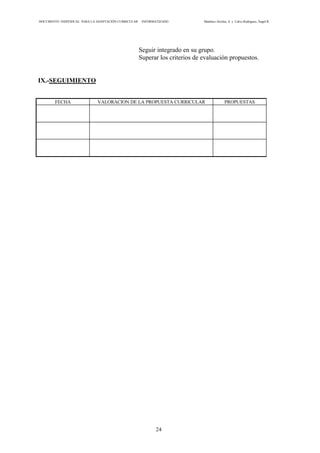 DOCUMENTO INDIVIDUAL PARA LA ADAPTACIÓN CURRICULAR INFORMATIZADO Martínez Alcolea, A. y Calvo Rodríguez, Ángel R.
24
Seguir integrado en su grupo.
Superar los criterios de evaluación propuestos.
IX.-SEGUIMIENTO
FECHA VALORACION DE LA PROPUESTA CURRICULAR PROPUESTAS
 