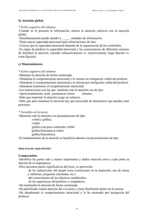 DOCUMENTO INDIVIDUAL DE ADAPTACIÓN CURRICULAR INFORMATIZADO Martínez Alcolea, A. y Calvo Rodríguez, Ángel R.
6
b) Atención global.
* Estilo cognitivo del alumno:
-Cuando se le presenta la información, alterna la atención selectiva con la atención
global.
-Simultáneamente puede atender a _____ unidades de información.
-Tiene mayor capacidad atencional para informaciones de tipo:
-Conoce que la capacidad atencional depende de la organización de los contenidos.
-Es capaz de predecir la capacidad atencional y las consecuencias de diferentes maneras
de distribuir la atención. (atender exhaustivamente vs. selectivamente, larga fijación vs.
corta fijación).
c) Mantenimiento.
* Estilo cognitivo del alumno:
-Mantiene la atención de forma continuada.
-Abandona el comportamiento atencional y lo retoma sin instigación verbal del profesor.
-Abandona el comportamiento atencional y lo retoma por instigación verbal del profesor.
-Abandona totalmente el comportamiento atencional.
-Las instrucciones con las que mantiene más la atención son de tipo:
-Aproximadamente, suele permanecer atento minutos.
-Sabe que mantener la atención exige un esfuerzo.
-Sabe que para mantener la atención hay que prescindir de distractores que puedan estar
presentes.
* Variables de la tarea:
-Mantiene más la atención con presentaciones de tipo:
.verbal y gráfica.
.verbal.
.gráfica con poco contenido verbal.
.gráfico/kinestésica/verbal.
.gráfico/kinestésica.
-El mantenimiento de la atención se beneficia además con presentaciones de tipo:
PROCESO DE ADQUISICIÓN.
Comprensión:
-Identifica las partes más y menos importantes y dedica atención extra a cada parte en
función de su importancia.
-Para encontrar partes significativas del texto, se aprovecha:
.de las indicaciones del propio texto (variaciones en la impresión, uso de temas
y subtemas, preguntas insertadas, etc.).
.del conocimiento de los objetivos establecidos.
.de las sugerencias del profesor o compañeros.
-Ha mantenido la atención de forma continuada.
-Ha planificado cuánta atención dar a la tarea y cómo distribuirla dentro de la misma.
-Ha abandonado el comportamiento atencional y lo ha retomado por instigación del
profesor.
 