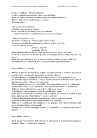DOCUMENTO INDIVIDUAL DE ADAPTACIÓN CURRICULAR INFORMATIZADO Martínez Alcolea, A. y Calvo Rodríguez, Ángel R.
8
-Centra el problema y define sus términos.
-Analiza los distintos argumentos y juzga su credibilidad.
-Hace una síntesis de la tarea de aprendizaje o del problema planteado.
-Elabora deducciones o inducciones, en su caso.
-Toma decisiones.
* En la resolución de la tarea:
-Sigue los pasos que había previsto.
-Hace verbalizaciones como control de su conducta.
-Procede por ensayo (acierto/error) y saca/ no saca provecho.
* Después de realizar la tarea:
-Evalúa los resultados y controla la ejecución de la tarea.
-Se aprovecha de la información que parcialmente obtiene o se le da.
-Ante un resultado erróneo:
.reitera la solución.
.cambia la solución.
-Controla la ejecución de la tarea y está satisfecho ante una buena realización.
-Controla la ejecución de la tarea y, ante un resultado erróneo, intenta rehacerla de
nuevo.
-Controla la ejecución de la tarea y, ante un resultado erróneo, no intenta rehacerla.
-Generalmente en la realización de las tareas, comete los siguientes errores:
PROCESO DE RECUPERACIÓN
-Durante el proceso de asimilación, expresa de alguna manera la necesidad de recordar
posteriormente ese material y que ese acto implica un esfuerzo.
-Su recuerdo mejora cuando se le ofrecen organizadores previos o categorizadores.
-Su recuerdo mejora cuando se le ofrece información sobre el tamaño de los ítems a
recordar, lugar donde está esta información, etc.
-Utiliza espontáneamente en el recuerdo las claves desarrolladas durante la codificación.
-Si se le induce, utiliza en el recuerdo las claves desarrolladas durante la codificación.
-Sabe qué tipo de información es capaz de recordar mejor y peor.
-Sabe bajo qué presentaciones es capaz de recordar mejor y peor.
-Sabe que el recuerdo está relacionado con la cantidad de material a recordar y, por
tanto, según sea ésta, necesitará mayor o menor esfuerzo.
-Sabe que la información familiar necesita menor esfuerzo para ser recordada.
-Sabe que conocer la estructura del material facilita el recuerdo.
-Sabe que el recuerdo está relacionado con el uso que se ha hecho de ese material desde
que se asimiló y el tiempo transcurrido.
-Conoce que el uso de estrategias durante la codificación y recuperación facilitan el
recuerdo.
PROCESO DE TRANSFER
-Si se le hace ver la similitud de la situación de transfer con la de aprendizaje original, es
capaz de realizar el tipo de tarea propuesta.
 