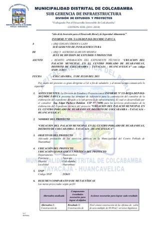 MUNICIPALIDAD DISTRITAL DE COLCABAMBA
SUB GERENCIA DE INFRAESTRUCTURA
DIVISIÓN DE ESTUDIOS Y PROYECTOS
“Trabajando Por el Desarrollo Sostenible de Colcabamba”
GESTION EDIL (2011-2014)
cc./
Archivos
“Año de la Inversión para el Desarrollo Rural y la Seguridad Alimentaria”
INFORME Nº 058- YAAM-DEP-SGI-2013/MDC-T-HVCA.
A : ARQ. EDGAR CÓRDOVA LAZO
SUB GERENTEDE INFRAESTRUCTURA
DE : ARQ. Y. ALFREDO ALARCON MEDINA
JEFE DE DIVISION DE ESTUDIOS Y PROYECTOS
ASUNTO : REMITO APROBACIÓN DEL EXPEDIENTE TÉCNICO: “CREACION DEL
PALACIO MUNICIPAL EN EL CENTRO POBLADO DE HUARANHUAY,
DISTRITO DE COLCABAMBA - TAYACAJA - HUANCAVELICA” con código
SNIP: 212613
FECHA : COLCABAMBA, 11 DE JULIO DEL 2013
Por medio del presente es grato dirigirme a Ud. a fin de saludarlo y al mismo tiempo comunicarle lo
siguiente:
1. ANTECEDENTES: La División de Estudios y Proyecto con el INFORME Nº 133-RCQA-DEP-SGI-
2012/MDC-T-HVCA presenta los términos de referencia para la contratación del consultor de la
elaboración del expediente dirigido a la sub gerencia de infraestructura. El cual es desarrollado por
el consultor Ing. Edgar Pacheco Baldeon CIP N° 73690; para los servicios profesionales de la
elaboración del Expediente técnico del proyecto “CREACION DEL PALACIO MUNICIPAL EN
EL CENTRO POBLADO DE HUARANHUAY, DISTRITO DE COLCABAMBA - TAYACAJA -
HUANCAVELICA”.
2. NOMBRE DEL PROYECTO
“CREACION DEL PALACIO MUNICIPAL EN EL CENTRO POBLADO DE HUARANHUAY,
DISTRITO DE COLCABAMBA - TAYACAJA - HUANCAVELICA”
3. OBJETIVOS DEL PROYECTO
Adecuada prestación de los servicios públicos en la Municipalidad del Centro Poblado de
Huaranhuay
4. UBICACIÓN DEL PROYECTO
UBICACIÓN GEOGRÁFICA Y POLÍTICA DEL PROYECTO
Departamento : Huancavelica
Provincia : Tayacaja
Distrito : Colcabamba
Localidad : Huaranhuay
5. SNIP
Código SNIP : 212613
6. RESUMEN COMPARATIVO DE METAS FÍSICAS
Las metas proyectadas según perfil:
Alternativa analizada
Componentes
(resultados
necesarios para
lograr el objetivo
Acciones necesarias para lograr cada resultado
Alternativa 1:
Construcción de
Resultado 1:
Construcción de
Nivel sótanoconstrucción de las oficinas de: salón
de usos múltiple de 88.80m2, servicios higiénicos
 