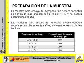 PREPARACIÓN DE LA MUESTRA La muestra para ensayo del agregado fino deberá consistirá de partículas mas gruesas que el tamiz N” 16 y no deberá pesar menos de 25g. Las muestras para ensayo del agregado grueso deberán separarse en diferentes tamaños, empleando los siguientes tamices: Competencias Técnicas de Laboratorista en Mezclas Asfálticas Tamaño de las partículas Peso mínimo de la muestra de ensayo (gr) Mayor a 1 ½´´ 5000 1 ½´´ a  ¾´´ 3000 ¾´´ a  3/8´´  2000 3/8´´  a N° 4 1000 