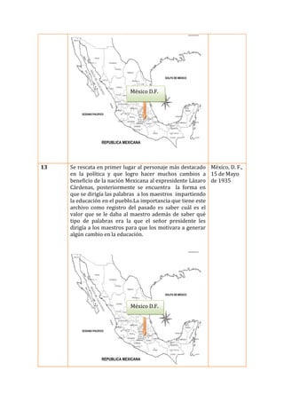 México D.F.

13

Se rescata en primer lugar al personaje más destacado México, D. F.,
en la política y que logro hacer muchos cambios a 15 de Mayo
beneficio de la nación Mexicana al expresidente Lázaro de 1935
Cárdenas, posteriormente se encuentra la forma en
que se dirigía las palabras a los maestros impartiendo
la educación en el pueblo.La importancia que tiene este
archivo como registro del pasado es saber cuál es el
valor que se le daba al maestro además de saber qué
tipo de palabras era la que el señor presidente les
dirigía a los maestros para que los motivara a generar
algún cambio en la educación.

México D.F.

 