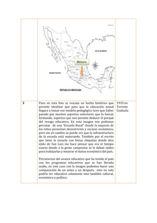 México

3

Pues en esta foto se rescata un hecho histórico que 1933 en
permite idealizar que para que la educación actual Torreón
llegara a tomar ese modelo pedagógico tuvo que haber Coahuila
pasado por muchos aspectos anteriores que lo fueran
formando, aspectos que nos permite deducir el porqué
del rezago educativo. En esta imagen nos podemos
percatar de una “Escuela Rural” donde la mayoría de
los niños presentan desnutrición y escases económico,
pero sin en cambio se puede ver que la infraestructura
de la escuela está mejorando. También por el escrito
que tiene la escuela con letras chiquitas donde dice
ejido de San Luis me hace pensar que era el tiempo
exacto donde a la gente campesina se le daban ejidos
para trabajarlas y mejorar el status económico del país.
Percatarnos del avance educativo que ha tenido el país
con los programas educativos que se han llevado
acabo, en este caso con la imagen podemos hacer una
comparación de un antes y un después, esto no solo
podría ser educativo solamente sino también cultural,
económico y político.

 