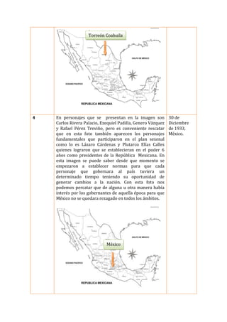 Torreón Coahuila

4

En personajes que se presentan en la imagen son
Carlos Rivera Palacio, Ezequiel Padilla, Genero Vázquez
y Rafael Pérez Treviño, pero es conveniente rescatar
que en esta foto también aparecen los personajes
fundamentales que participaron en el plan sexenal
como lo es Lázaro Cárdenas y Plutarco Elías Calles
quienes lograron que se establecieran en el poder 6
años como presidentes de la República Mexicana. En
esta imagen se puede saber desde que momento se
empezaron a establecer normas para que cada
personaje que gobernara al país tuviera un
determinado tiempo teniendo su oportunidad de
generar cambios a la nación. Con esta foto nos
podemos percatar que de alguna u otra manera había
interés por los gobernantes de aquella época para que
México no se quedara rezagado en todos los ámbitos.

México

30 de
Diciembre
de 1933,
México.

 