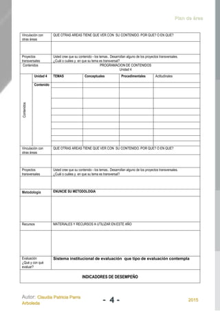 Plan de área
Autor: Claudia Patricia Parra
Arboleda - 4 - 2015
Vinculación con
otras áreas
QUE OTRAS AREAS TIENE QUE VER CON SU CONTENIDO. POR QUE? O EN QUE?
Proyectos
transversales
Usted cree que su contenido - los temas.. Desarrollan alguno de los proyectos transversales.
¿Cuál o cuáles y en que su tema es transversal?
Contenidos PROGRAMACION DE CONTENIDOS
Unidad 4
Contenidos
Unidad 4 TEMAS Conceptuales Procedimentales Actitudinales
Contenido
Vinculación con
otras áreas
QUE OTRAS AREAS TIENE QUE VER CON SU CONTENIDO. POR QUE? O EN QUE?
Proyectos
transversales
Usted cree que su contenido - los temas.. Desarrollan alguno de los proyectos transversales.
¿Cuál o cuáles y en que su tema es transversal?
Metodología ENUNCIE SU METODOLOGIA
Recursos MATERIALES Y RECURSOS A UTILIZAR EN ESTE AÑO
Evaluación
¿Qué y con qué
evaluar?
Sistema institucional de evaluación que tipo de evaluación contempla
INDICADORES DE DESEMPEÑO
 