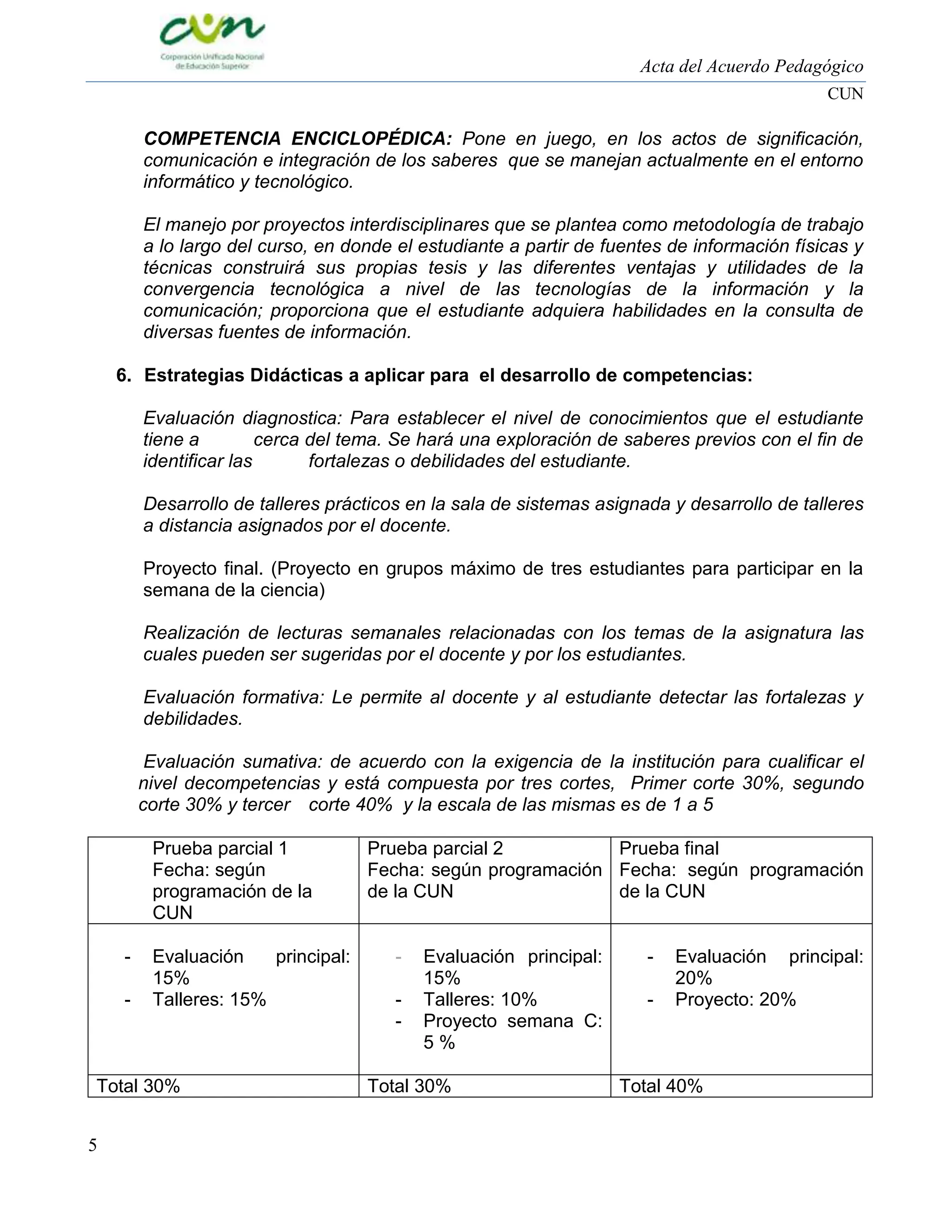 Acta del Acuerdo Pedagógico
CUN

COMPETENCIA ENCICLOPÉDICA: Pone en juego, en los actos de significación,
comunicación e integración de los saberes que se manejan actualmente en el entorno
informático y tecnológico.
El manejo por proyectos interdisciplinares que se plantea como metodología de trabajo
a lo largo del curso, en donde el estudiante a partir de fuentes de información físicas y
técnicas construirá sus propias tesis y las diferentes ventajas y utilidades de la
convergencia tecnológica a nivel de las tecnologías de la información y la
comunicación; proporciona que el estudiante adquiera habilidades en la consulta de
diversas fuentes de información.
6. Estrategias Didácticas a aplicar para el desarrollo de competencias:
Evaluación diagnostica: Para establecer el nivel de conocimientos que el estudiante
tiene a
cerca del tema. Se hará una exploración de saberes previos con el fin de
identificar las
fortalezas o debilidades del estudiante.
Desarrollo de talleres prácticos en la sala de sistemas asignada y desarrollo de talleres
a distancia asignados por el docente.
Proyecto final. (Proyecto en grupos máximo de tres estudiantes para participar en la
semana de la ciencia)
Realización de lecturas semanales relacionadas con los temas de la asignatura las
cuales pueden ser sugeridas por el docente y por los estudiantes.
Evaluación formativa: Le permite al docente y al estudiante detectar las fortalezas y
debilidades.
Evaluación sumativa: de acuerdo con la exigencia de la institución para cualificar el
nivel decompetencias y está compuesta por tres cortes, Primer corte 30%, segundo
corte 30% y tercer corte 40% y la escala de las mismas es de 1 a 5
Prueba parcial 1
Fecha: según
programación de la
CUN
-

Evaluación
principal:
15%
Talleres: 15%

Total 30%
5

Prueba parcial 2
Prueba final
Fecha: según programación Fecha: según programación
de la CUN
de la CUN

-

Evaluación principal:
15%
Talleres: 10%
Proyecto semana C:
5%

Total 30%

-

Evaluación principal:
20%
Proyecto: 20%

Total 40%

 