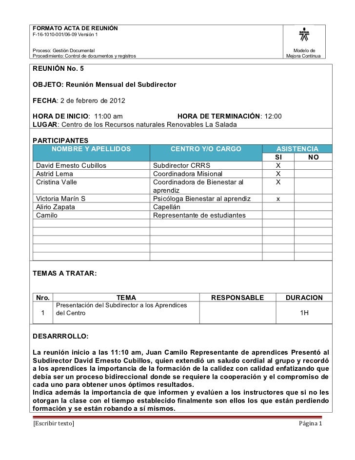 formato acta reuni 243 n con subdirector la salada formato acta de reunion excel