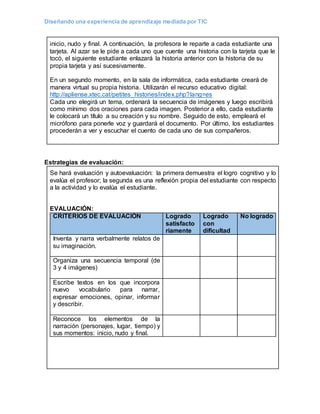 Diseñando una experiencia de aprendizaje mediada por TIC
inicio, nudo y final. A continuación, la profesora le reparte a cada estudiante una
tarjeta. Al azar se le pide a cada uno que cuente una historia con la tarjeta que le
tocó, el siguiente estudiante enlazará la historia anterior con la historia de su
propia tarjeta y así sucesivamente.
En un segundo momento, en la sala de informática, cada estudiante creará de
manera virtual su propia historia. Utilizarán el recurso educativo digital:
http://apliense.xtec.cat/petites_histories/index.php?lang=es
Cada uno elegirá un tema, ordenará la secuencia de imágenes y luego escribirá
como mínimo dos oraciones para cada imagen. Posterior a ello, cada estudiante
le colocará un título a su creación y su nombre. Seguido de esto, empleará el
micrófono para ponerle voz y guardará el documento. Por último, los estudiantes
procederán a ver y escuchar el cuento de cada uno de sus compañeros.
Estrategias de evaluación:
Se hará evaluación y autoevaluación: la primera demuestra el logro cognitivo y lo
evalúa el profesor; la segunda es una reflexión propia del estudiante con respecto
a la actividad y lo evalúa el estudiante.
EVALUACIÓN:
CRITERIOS DE EVALUACIÓN Logrado
satisfacto
riamente
Logrado
con
dificultad
No logrado
Inventa y narra verbalmente relatos de
su imaginación.
Organiza una secuencia temporal (de
3 y 4 imágenes)
Escribe textos en los que incorpora
nuevo vocabulario para narrar,
expresar emociones, opinar, informar
y describir.
Reconoce los elementos de la
narración (personajes, lugar, tiempo) y
sus momentos: inicio, nudo y final.
 