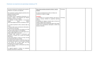 Diseñando una experiencia de aprendizaje mediada por TIC
Se reúnen en grupos de 3 estudiantes para socializar y
reflexionar los cuadros y las preguntas.
Para responder la primera pregunta partiremos de la
siguiente actividad (Google):
Actividad 1 (10 mins)
La docente copia las siguientes afirmaciones en el
pizarrón y solicita a los estudiantes que indiquen
Verdadero o Falso en sus carpetas.
La actividad se realiza mediante la herramienta
Google forms. Enlace:
https://docs.google.com/forms/ ¿Verdadero o Falso?
• Si puedo encontrarlo online, entonces debe ser
cierto.
• Siempre debo revisar las fuentes de información y
los autores de un sitio web.
• Hay un correo electrónico de contacto en el sitio
web, por lo tanto, debe ser un sitio legítimo.
• Hay un logo del gobierno en la parte superior de la
página. Puedo confiar en este sitio.
• Siempre debo comparar la información que
encuentro en internet con al menos dos fuentes
alternativas.
• Hay muchos gráficos y cuadros en el sitio, con toda
esta información debe ser confiable.
Es evidente quién escribió el contenido porque hay
información del contacto en el sitio, parece confiable
y sin errores. Por lo tanto, puedo usar esta
información para mis tareas escolares.
• El sitio web se ve oficial. La información que ofrece
debe ser confiable.
-
La segunda pregunta la realizan los estudiantes
teniendo como base sus inquietudes
https://www.youtube.com/watch?v=35Oxm_F-ip8 (12
minutos)
Se realiza la socialización de lo visto en el video y los
estudiantes se registran en Diigo
Actividad 3
Los estudiantes en sus grupos teniendo como base los
videos o recursos realizaran los siguientes ejercicios
prácticos:
La búsqueda de 3 páginas o fuentes sobre el clima de la
ciudad y 3 páginas sobre convivencia.
A cada sitio web o enlace almacenado asignar título, grado,
nombre de los participantes, descripción y mínimo tres
etiquetas relevantes.
20 minutos
10 minutos
 