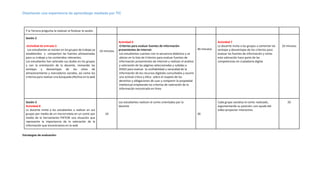 Diseñando una experiencia de aprendizaje mediada por TIC
Y la Tercera pregunta la realizan al finalizar la sesión.
Sesión 2
-Actividad de entrada 5
Los estudiantes se reúnen en los grupos de trabajo ya
establecidos y comparten las fuentes almacenadas
para su trabajo y los contenidos relevantes.
Los estudiantes han aclarado sus dudas en los grupos
y con la orientación de la docente, revisando las
ventajas y desventajas de los sitios de
almacenamiento y marcadores sociales, así como los
criterios para realizar una búsqueda efectiva en la web
10 minutos
Actividad 6
-Criterios para evaluar fuentes de información
provenientes de Internet
c. Los estudiantes cuentan con la secuencia didáctica y se
ubican en la lista de Criterios para evaluar fuentes de
información provenientes de Internet y realizan el análisis
y valoración de las páginas seleccionadas y subidas a
DIIGO para evaluar la confiabilidad y veracidad de la
información de los recursos digitales consultados y asumir
una actitud crítica y ética sobre el respeto de los
derechos y obligaciones de usar y compartir la propiedad
intelectual empleando los criterios de valoración de la
información encontrada en línea
40 minutos
Actividad 7
La docente invita a los grupos a comentar las
ventajas y desventajas de los criterios para
evaluar las fuentes de información y cómo
esta valoración hace parte de las
competencias en ciudadanía digital
10 minutos
Sesión 3
Actividad 8
La docente invita a los estudiantes a realizar en sus
grupos por medio de un microrrelato en un comic por
medio de la herramienta PIXTON una situación que
represente la importancia de la valoración de la
información que encontramos en la web
10
Los estudiantes realizan el comic orientados por la
docente
30
Cada grupo socializa el comic realizado,
argumentando su posición; con ayuda del
video proyector interactivo
20
Estrategias de evaluación:
 