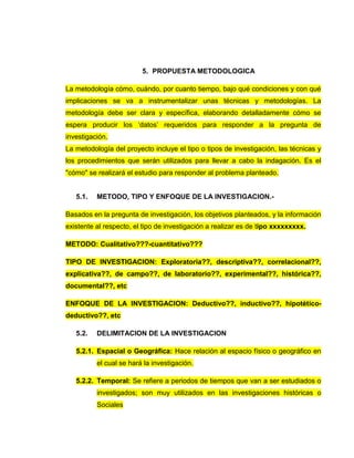 5. PROPUESTA METODOLOGICA
La metodología cómo, cuándo, por cuanto tiempo, bajo qué condiciones y con qué
implicaciones se va a instrumentalizar unas técnicas y metodologías. La
metodología debe ser clara y específica, elaborando detalladamente cómo se
espera producir los „datos‟ requeridos para responder a la pregunta de
investigación.
La metodología del proyecto incluye el tipo o tipos de investigación, las técnicas y
los procedimientos que serán utilizados para llevar a cabo la indagación. Es el
"cómo" se realizará el estudio para responder al problema planteado.
5.1. METODO, TIPO Y ENFOQUE DE LA INVESTIGACION.-
Basados en la pregunta de investigación, los objetivos planteados, y la información
existente al respecto, el tipo de investigación a realizar es de tipo xxxxxxxxx.
METODO: Cualitativo???-cuantitativo???
TIPO DE INVESTIGACION: Exploratoria??, descriptiva??, correlacional??,
explicativa??, de campo??, de laboratorio??, experimental??, histórica??,
documental??, etc
ENFOQUE DE LA INVESTIGACION: Deductivo??, inductivo??, hipotético-
deductivo??, etc
5.2. DELIMITACION DE LA INVESTIGACION
5.2.1. Espacial o Geográfica: Hace relación al espacio físico o geográfico en
el cual se hará la investigación.
5.2.2. Temporal: Se refiere a periodos de tiempos que van a ser estudiados o
investigados; son muy utilizados en las investigaciones históricas o
Sociales
 