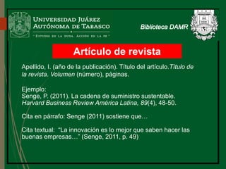 Artículo de revista
Apellido, I. (año de la publicación). Título del artículo.Título de
la revista. Volumen (número), páginas.
Ejemplo:
Senge, P. (2011). La cadena de suministro sustentable.
Harvard Business Review América Latina, 89(4), 48-50.
Cita en párrafo: Senge (2011) sostiene que…
Cita textual: “La innovación es lo mejor que saben hacer las
buenas empresas…” (Senge, 2011, p. 49)
 