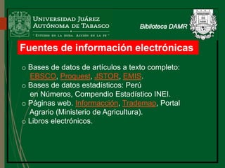 Fuentes de información electrónicas
o Bases de datos de artículos a texto completo:
EBSCO, Proquest, JSTOR, EMIS.
o Bases de datos estadísticos: Perú
en Números, Compendio Estadístico INEI.
o Páginas web. Informacción, Trademap, Portal
Agrario (Ministerio de Agricultura).
o Libros electrónicos.
 